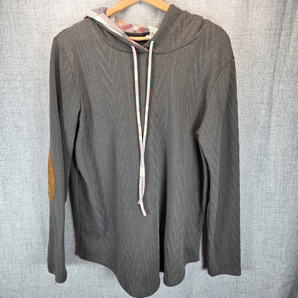 7th Ray XL Womens Gray Pullover Plaid Hoodie LS Lightweight Elbow Patches Preppy